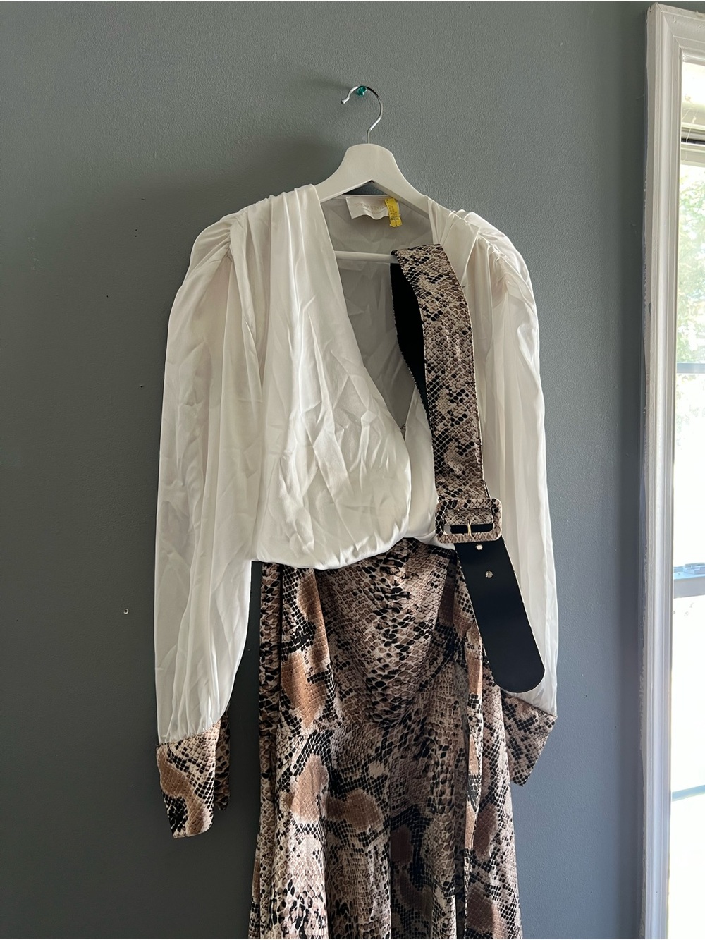 Bronx and Banco White Blouse with Brown Snake-Print Skirt Set